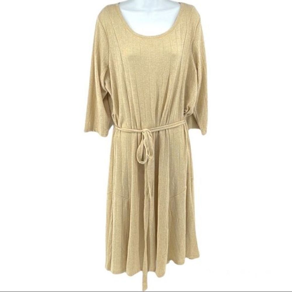 Nina Leonard sweater dress gold metallic cream ribbed long sleeve belted NEW 2X